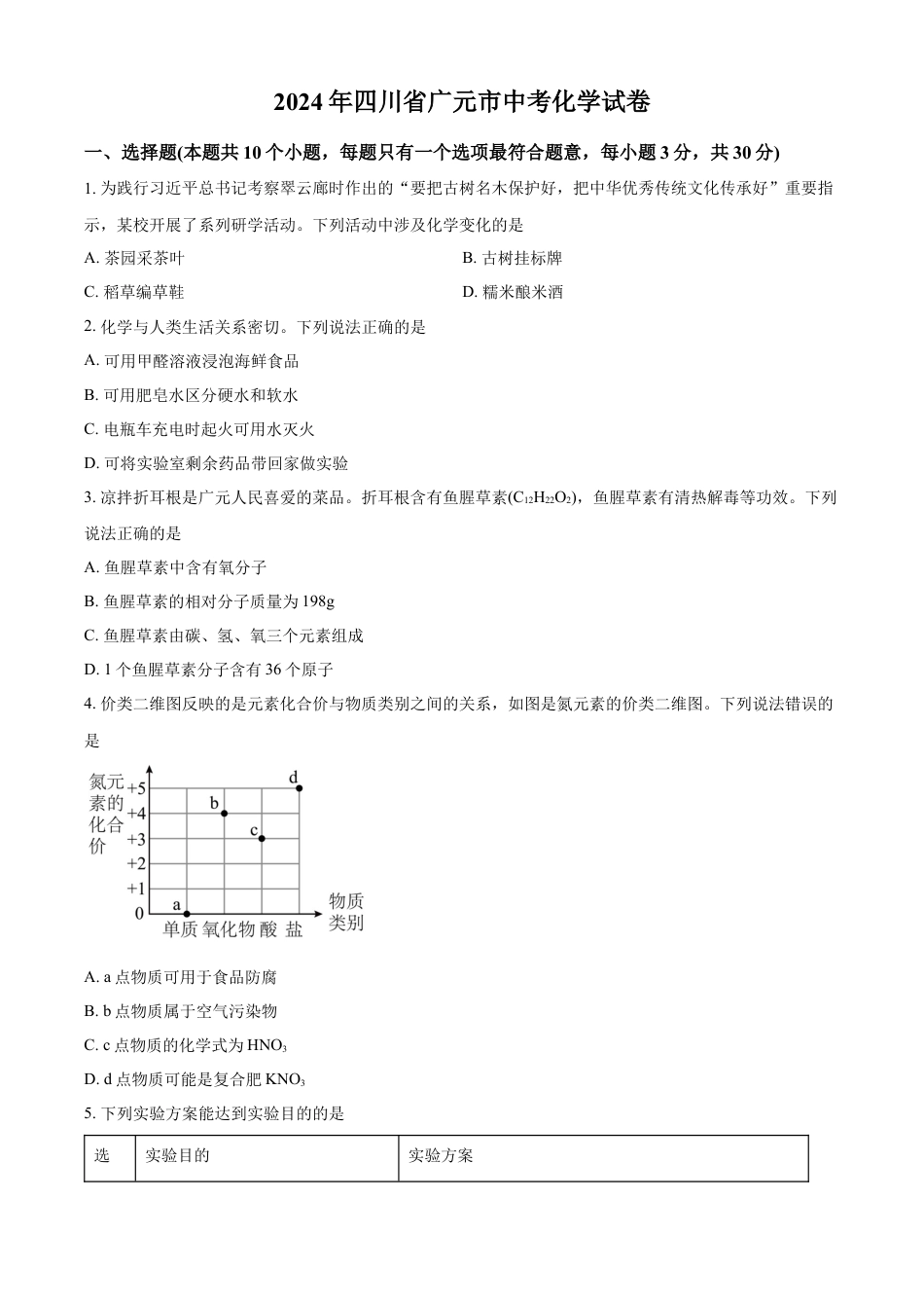 kaoda.com：2024年四川省广元市中考化学真题（原卷版）kaoda.com.docx_第1页