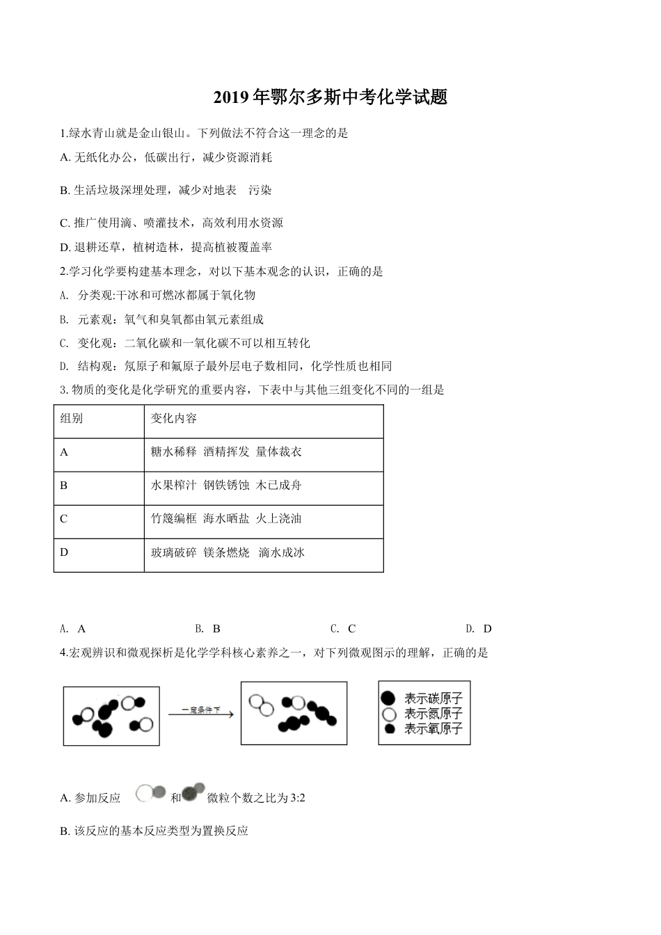 kaoda.com：内蒙古鄂尔多斯市2019年中考化学试题（原卷版）kaoda.com.doc_第1页