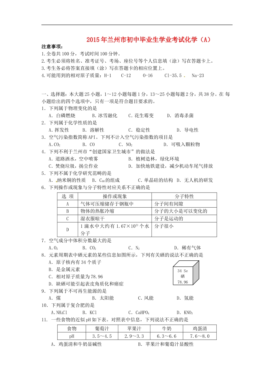 甘肃省兰州市2015年中考化学真题试题（含答案）kaoda.com.doc_第1页