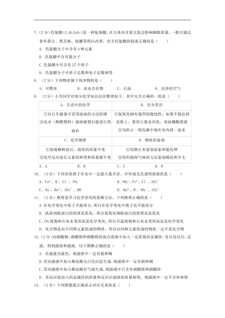 黑龙江省齐齐哈尔市2019年中考化学真题试题（含解析）kaoda.com.doc_第2页