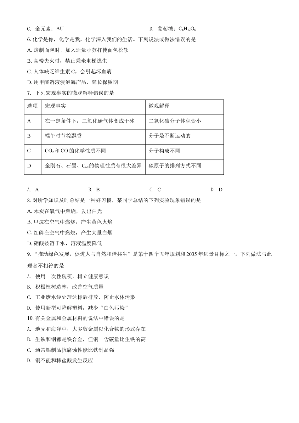 山东省临沂市2021年中考化学试题（原卷版）kaoda.com.doc_第2页