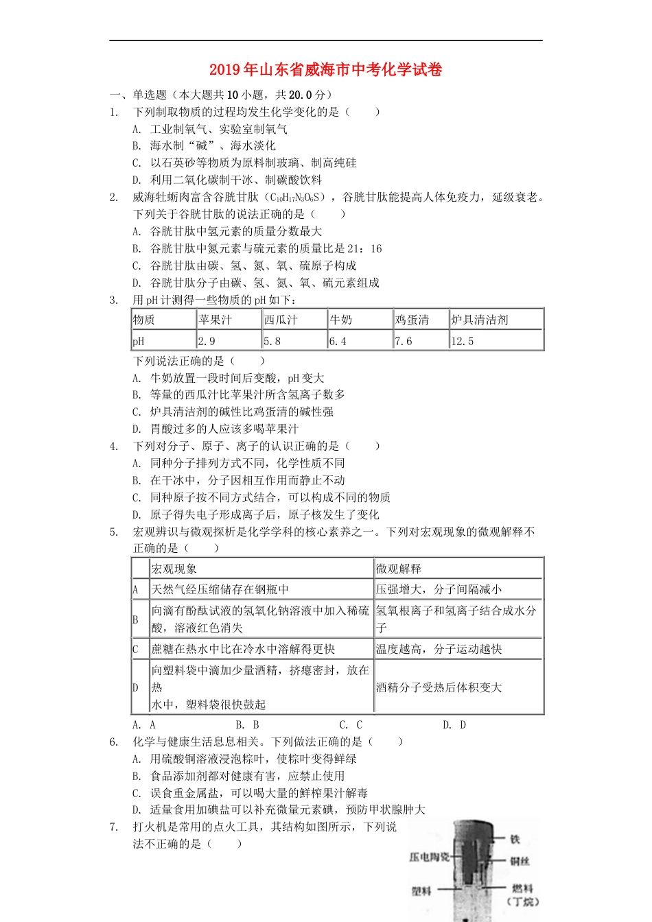 山东省威海市2019年中考化学真题试题（含解析）kaoda.com.docx_第1页