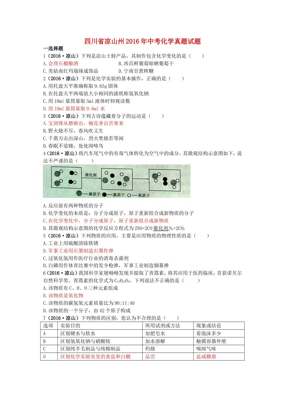 四川省凉山州2016年中考化学真题试题（含答案）kaoda.com.DOC_第1页