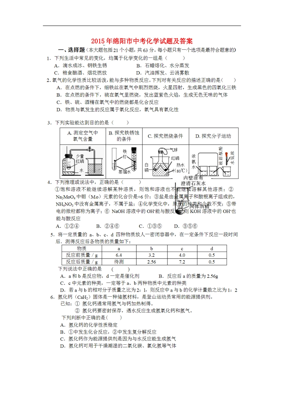 四川省绵阳市2015年中考化学真题试题（扫描版，含答案）kaoda.com.doc_第1页