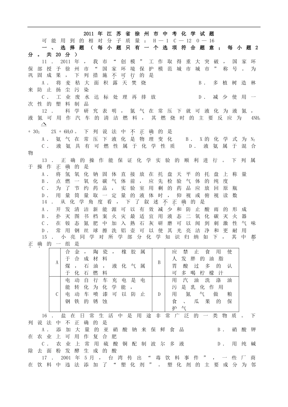 2011年江苏省徐州市中考化学试题及答案kaoda.com.doc_第1页