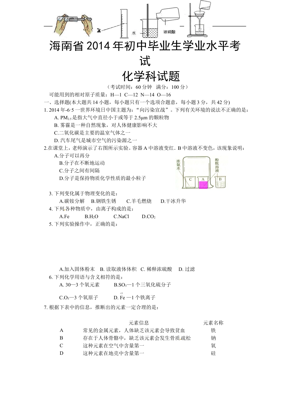 2014年海南中考化学试题及答案kaoda.com.doc_第1页