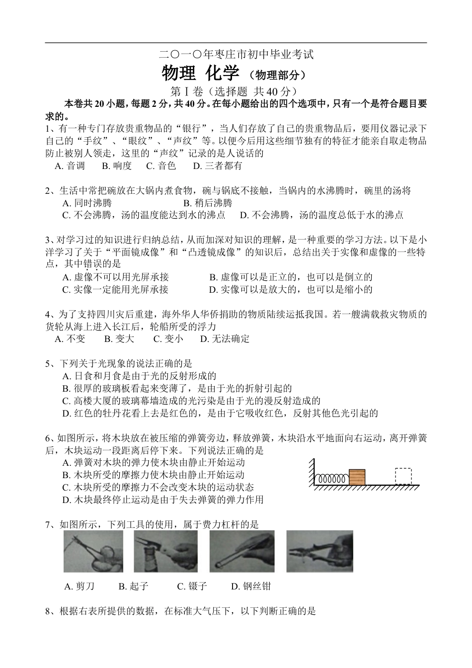 2010年枣庄市中考物理试题含答案kaoda.com.doc_第1页