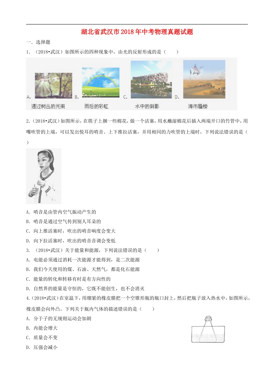 湖北省武汉市2018年中考物理真题试题（含解析）kaoda.com.doc_第1页