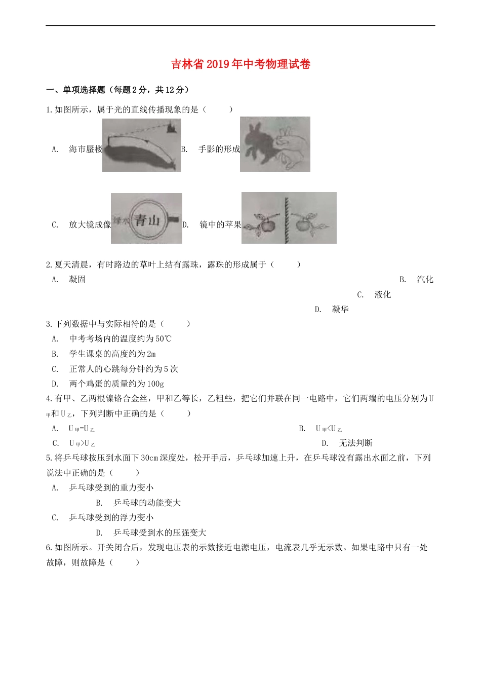 吉林省2019年中考物理真题试题（含解析）kaoda.com.docx_第1页