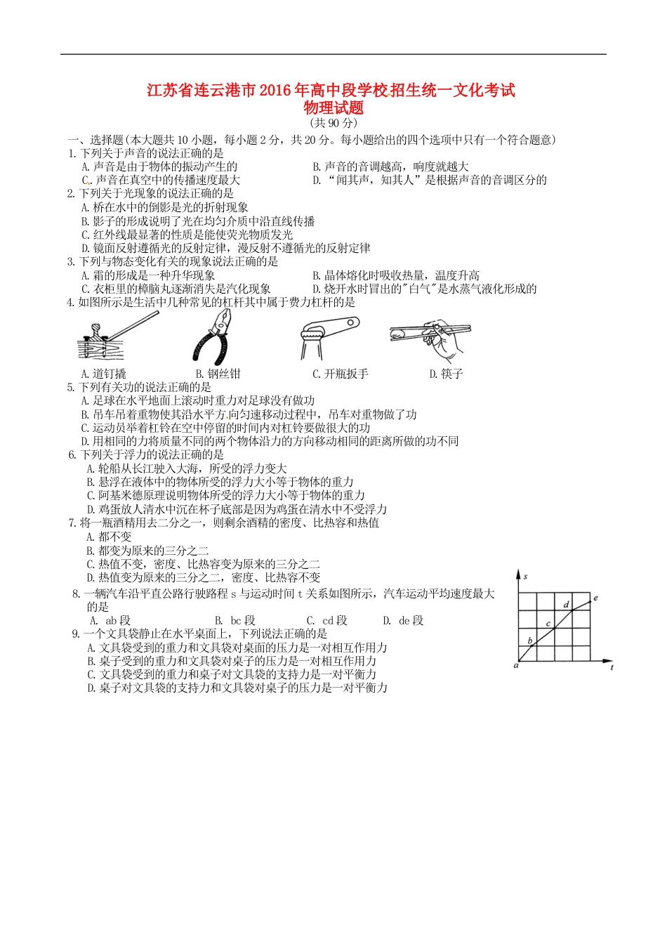 江苏省连云港市2016年中考物理真题试题（含答案）kaoda.com.DOC_第1页