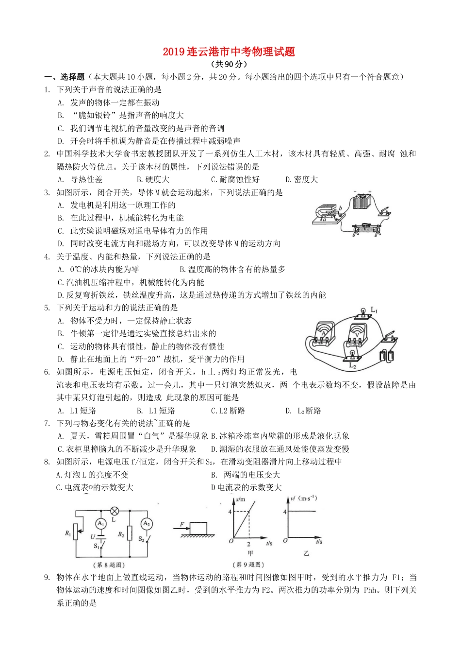 江苏省连云港市2019年中考物理真题试题kaoda.com.docx_第1页