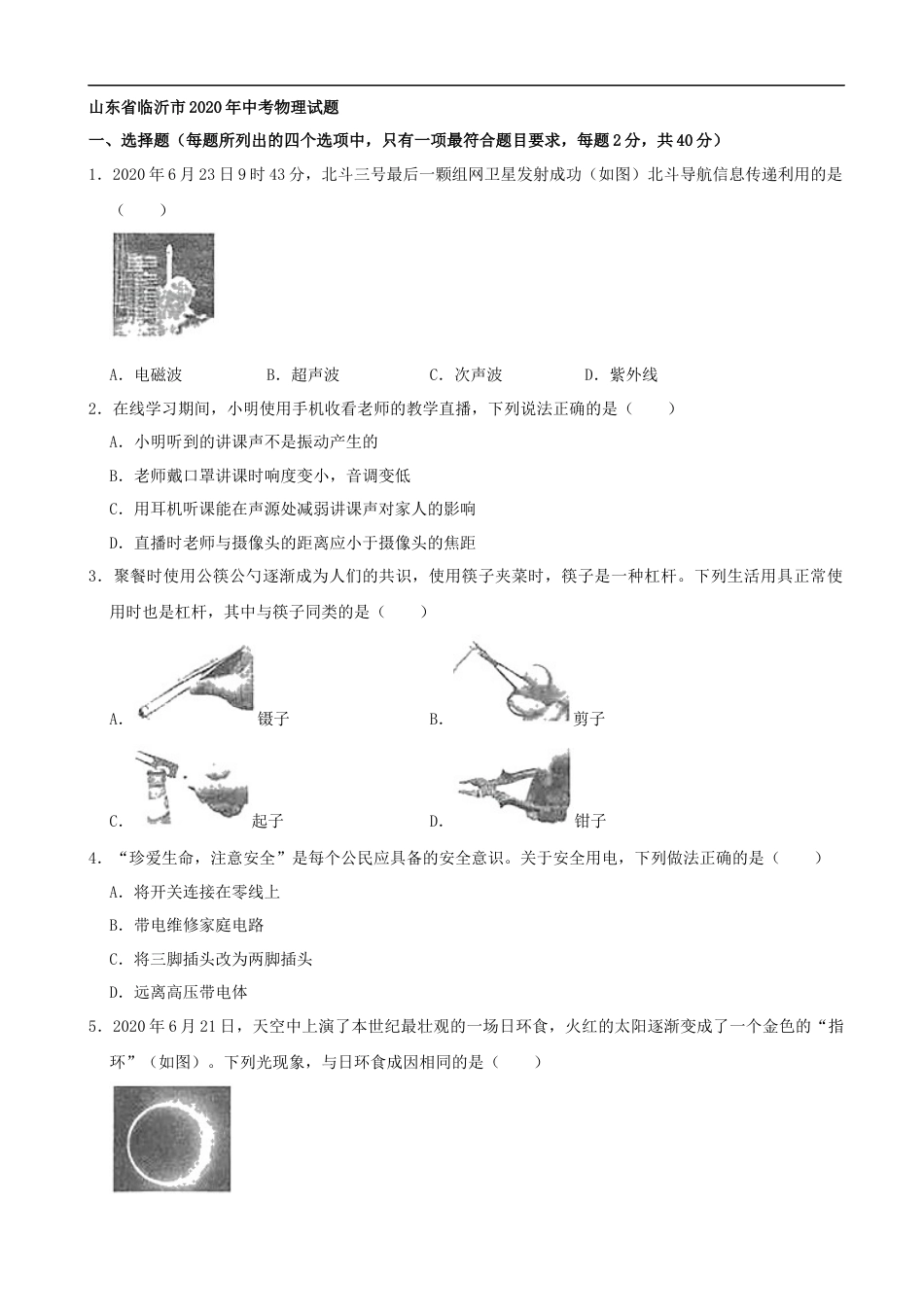 山东省临沂市2020年中考物理试题（word版，含解析）kaoda.com.docx_第1页