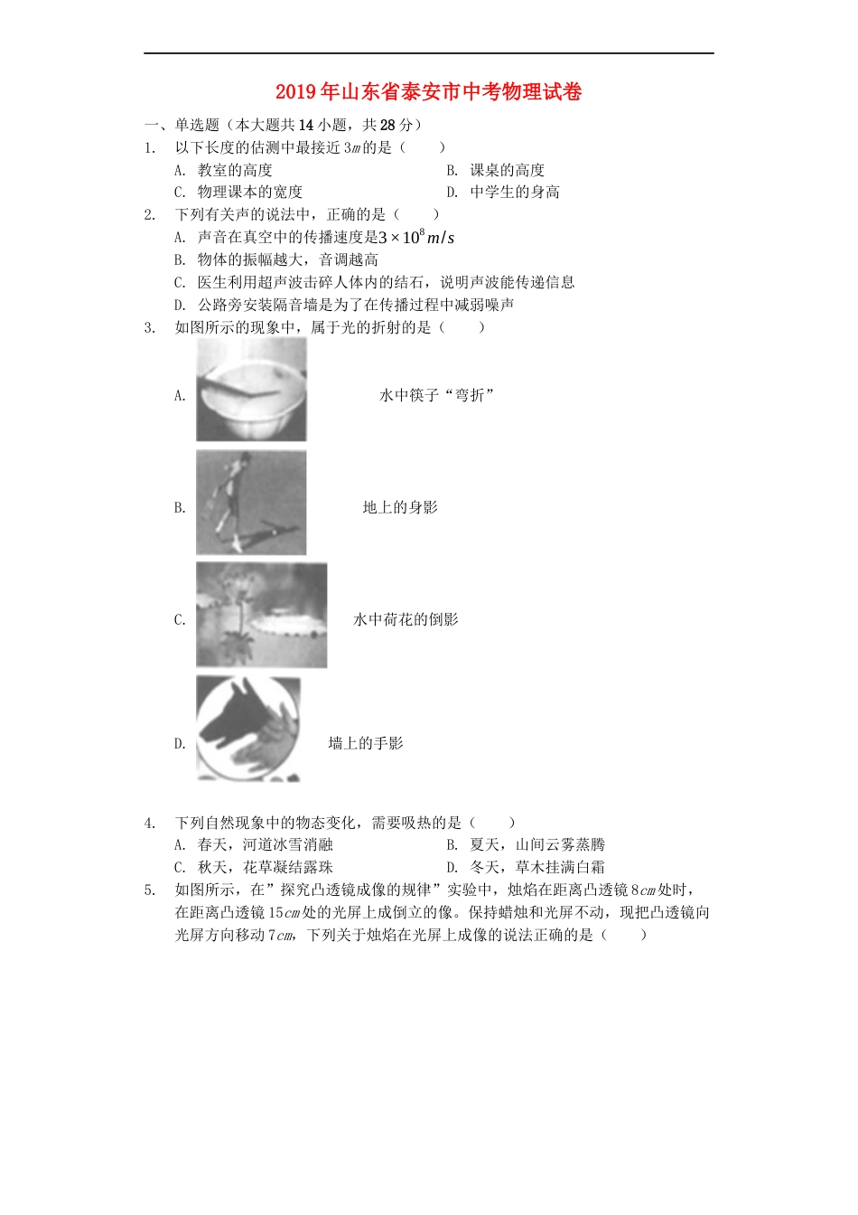 山东省泰安市2019年中考物理真题试题（含解析）kaoda.com.docx_第1页