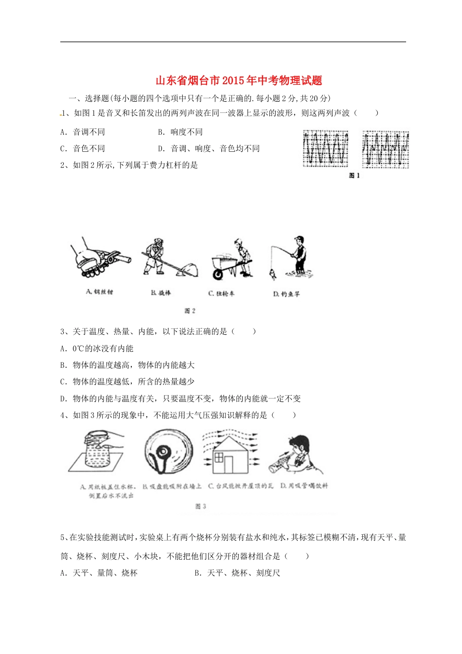 山东省烟台市2015年中考物理真题试题（含扫描答案）kaoda.com.doc_第1页