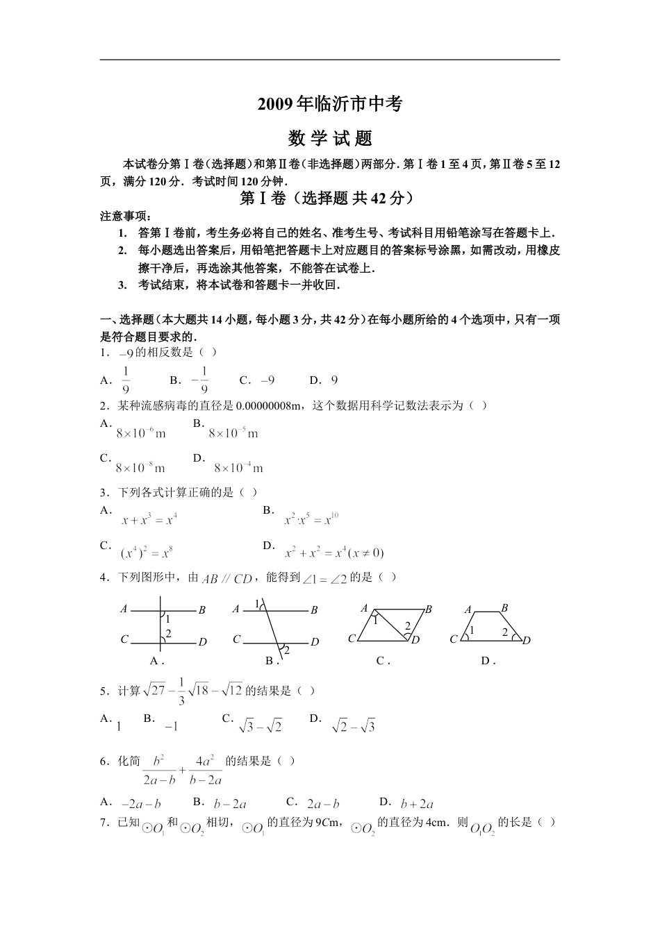 2009年山东省临沂市中考数学试题及答案kaoda.com.doc_第1页