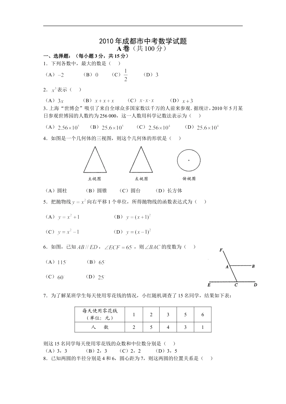 2010年四川省成都市中考数学试卷及答案kaoda.com.doc_第1页