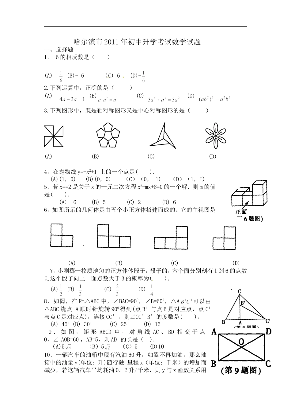 2011年哈尔滨市中考数学试题及答案kaoda.com.doc_第1页