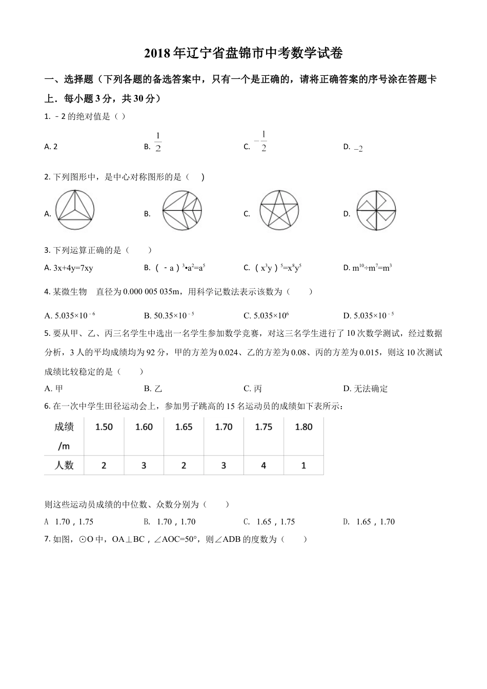 2018年辽宁省盘锦市数学中考试卷（空白卷）kaoda.com.doc_第1页