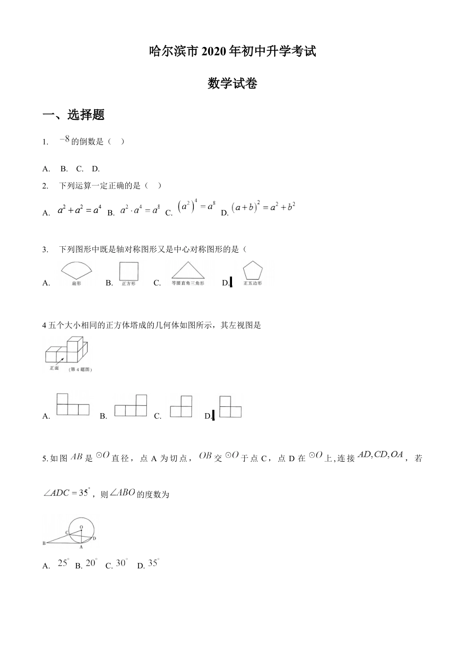 黑龙江省哈尔滨市2020年中考数学试题（word版，无答案）kaoda.com.docx_第1页