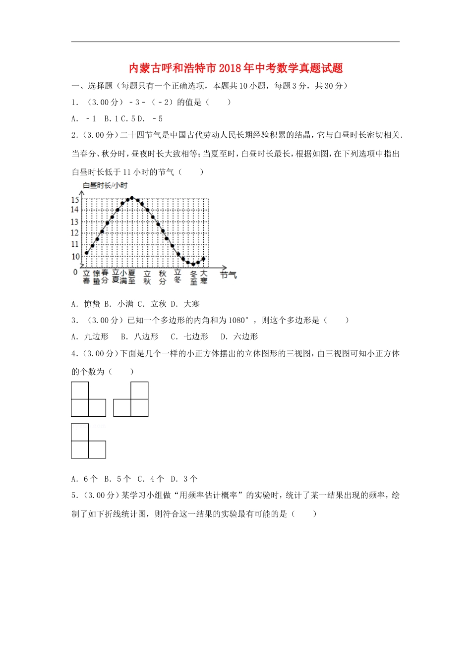 内蒙古呼和浩特市2018年中考数学真题试题（含解析）kaoda.com.doc_第1页