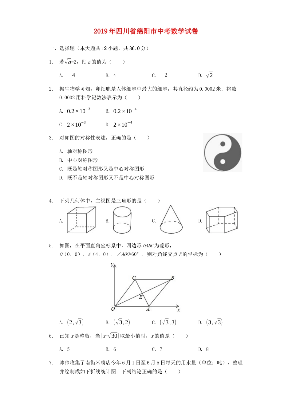 四川省绵阳市2019年中考数学真题试题（含解析）kaoda.com.docx_第1页