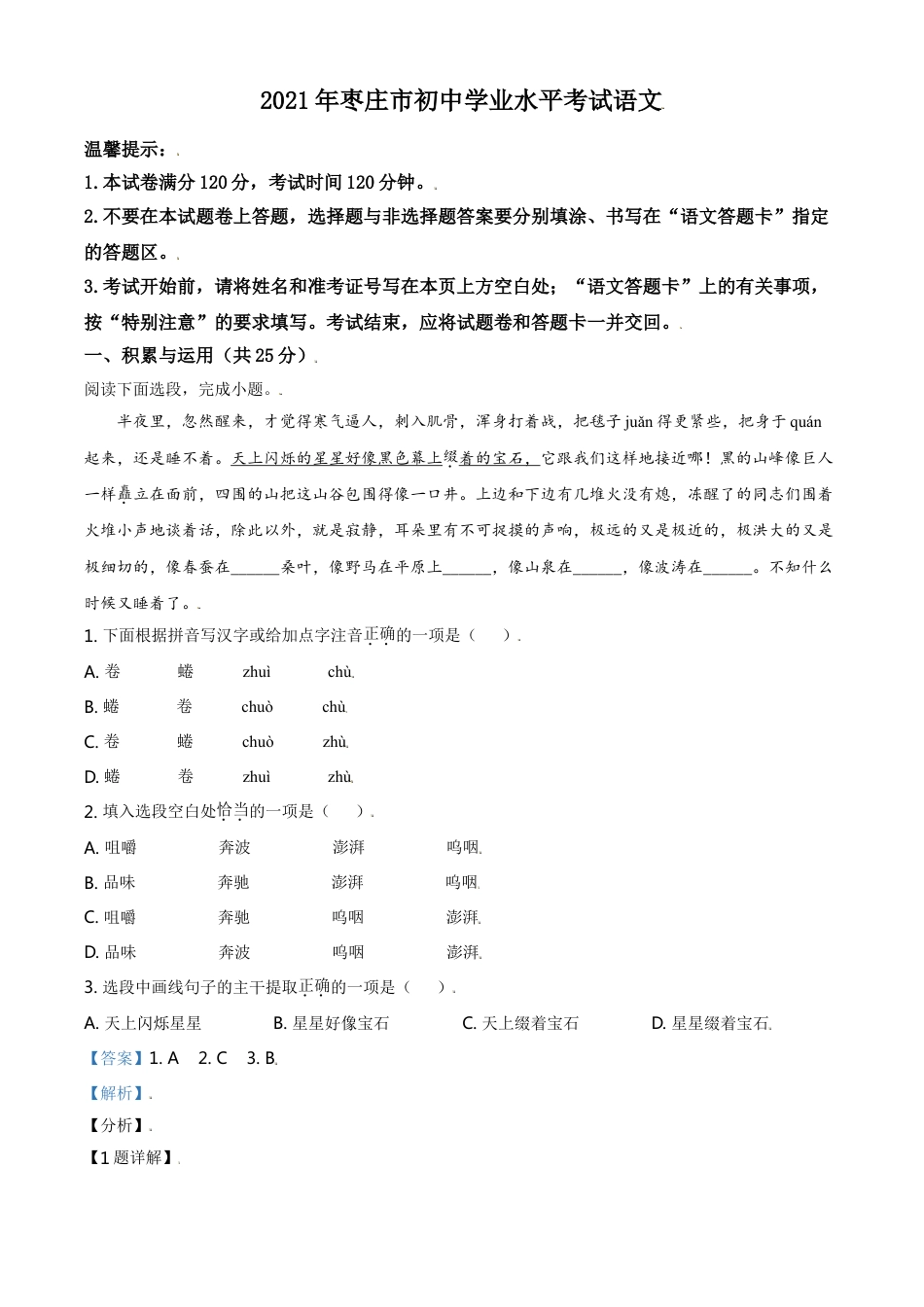 山东省枣庄市2021年中考语文试题（解析版）kaoda.com.doc_第1页