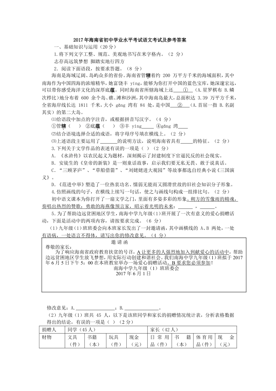 2017年海南省中考语文试题及答案kaoda.com.doc_第1页