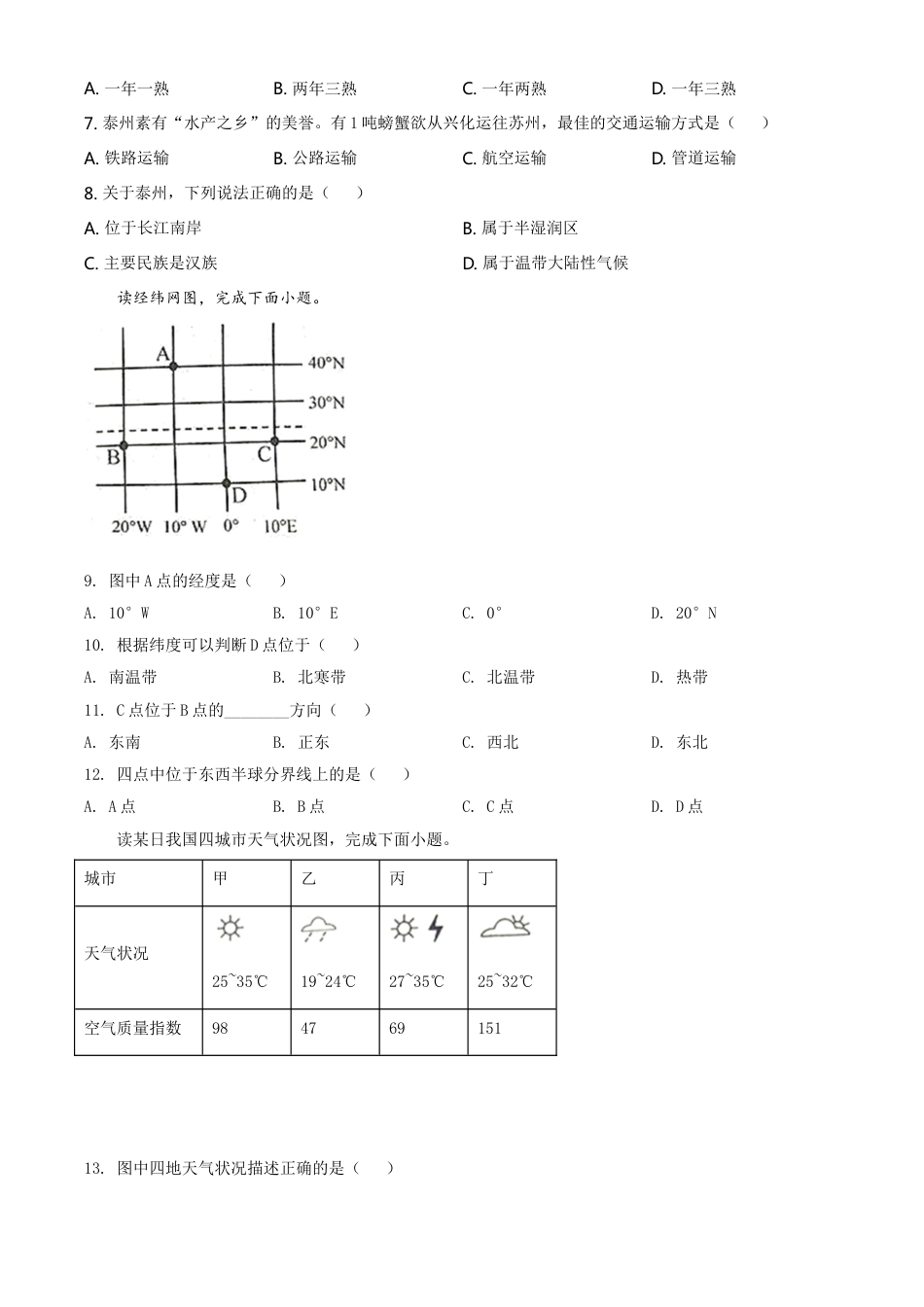 kaoda.com：江苏省泰州市2020年初中地理会考试题（原卷版）kaoda.com.doc_第2页