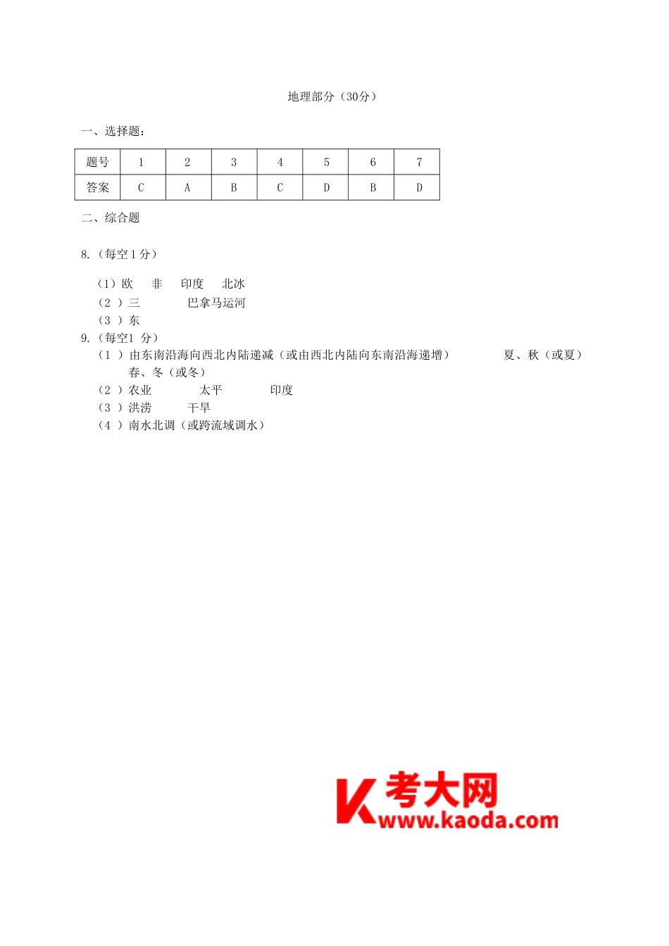 甘肃省武威市凉州区2018年中考地理真题试题（扫描版，含答案）kaoda.com.doc_第2页