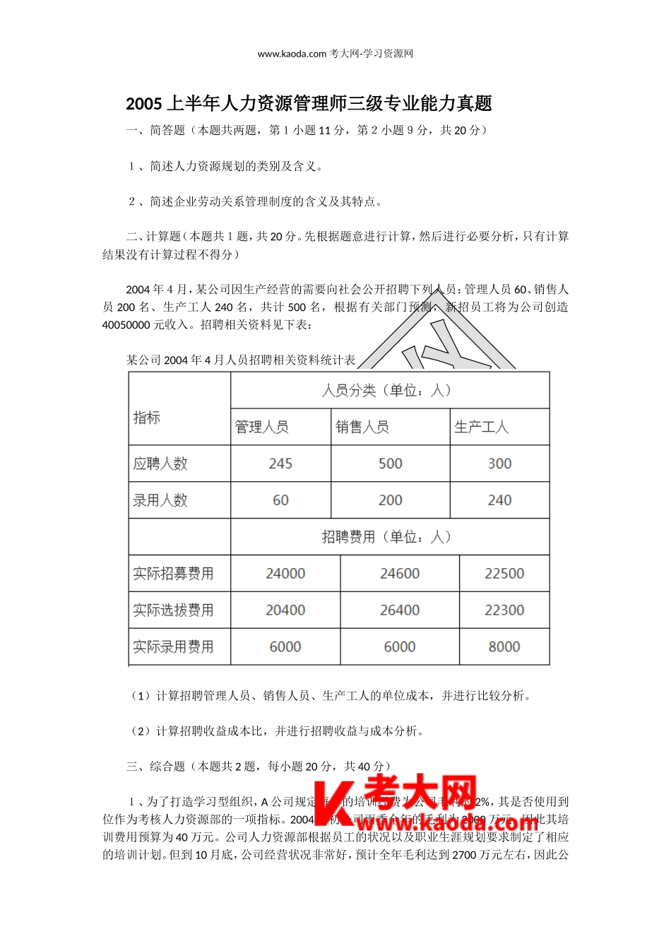 考大网_2005上半年人力资源管理师三级专业能力真题kaoda.com.doc_第1页