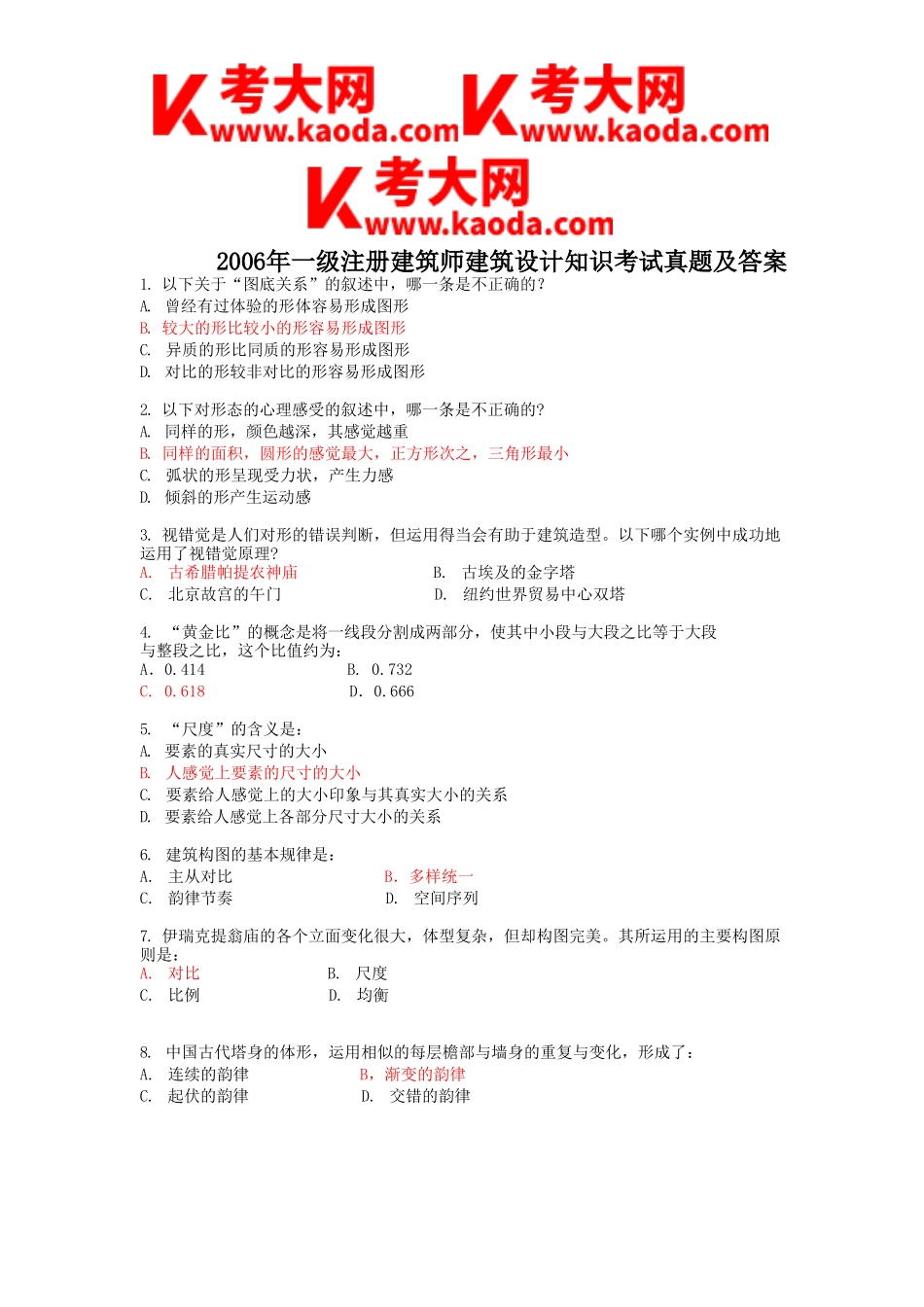 考大网_2006年一级注册建筑师建筑设计知识考试真题及答案kaoda.com.doc_第1页