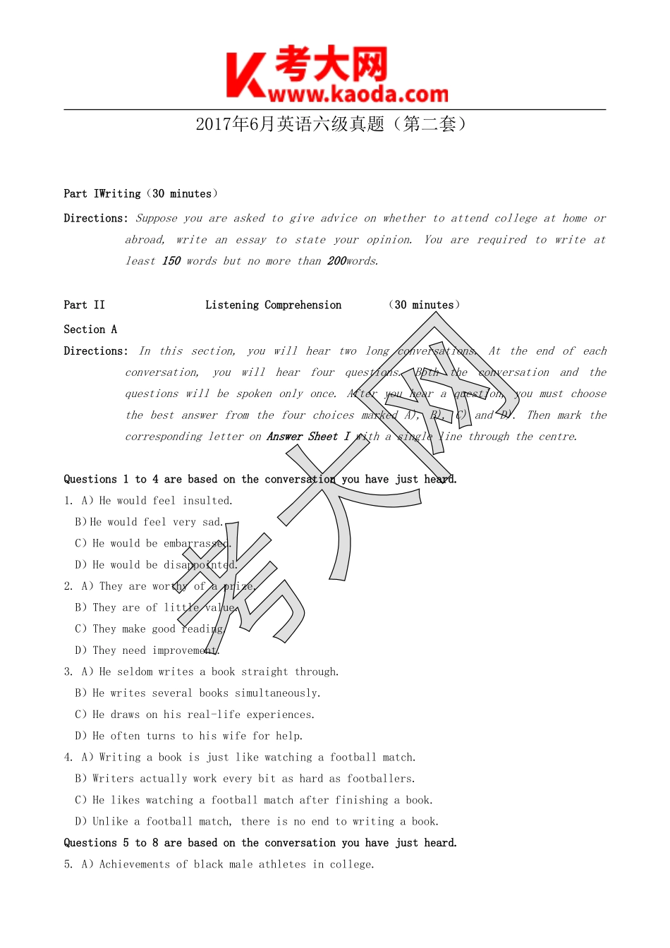 考大网_2017年6月英语六级真题第2套kaoda.com.doc_第1页