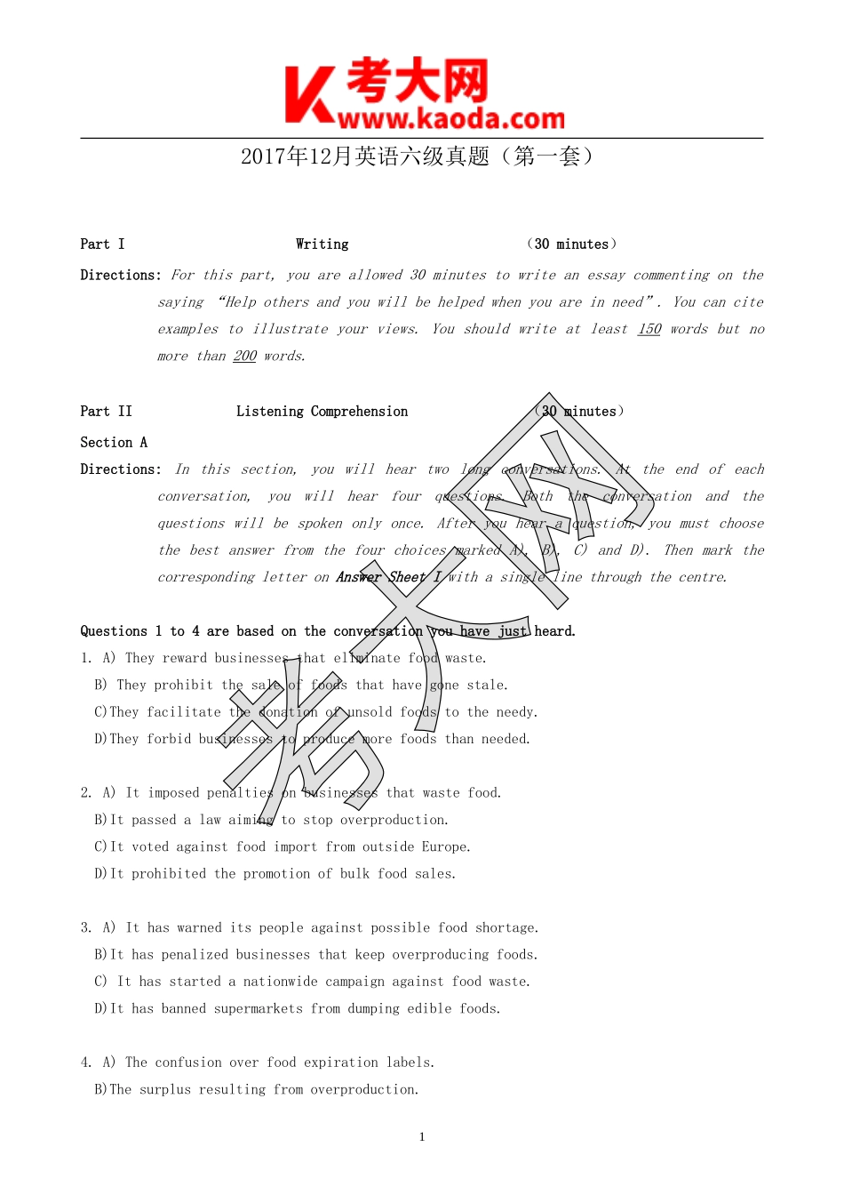 考大网_2017年12月英语六级真题第1套kaoda.com.doc_第1页