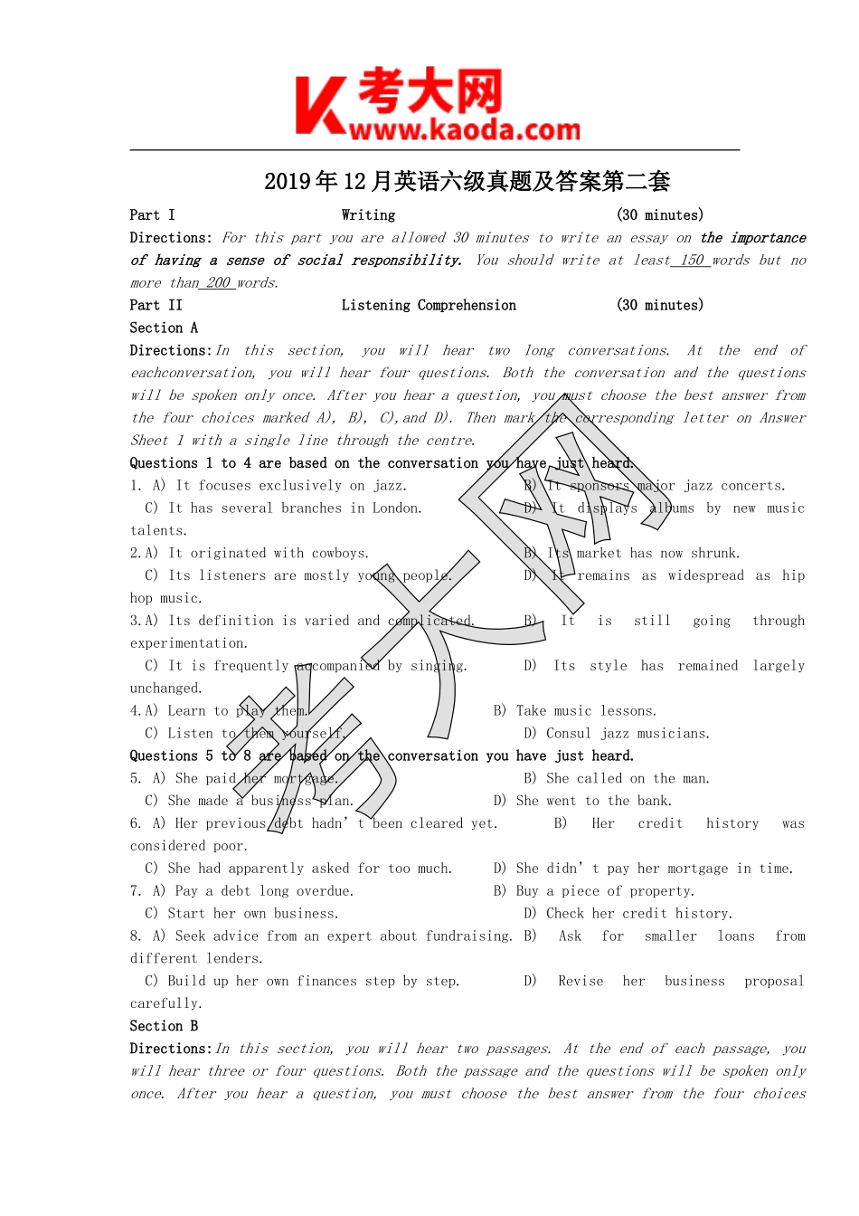 考大网_2019年12月英语六级真题及答案第二套kaoda.com.doc_第1页