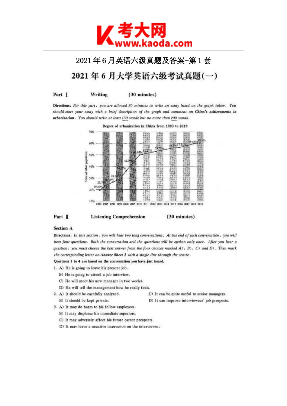 考大网_2021年6月英语六级真题及答案-第1套kaoda.com.doc_第1页