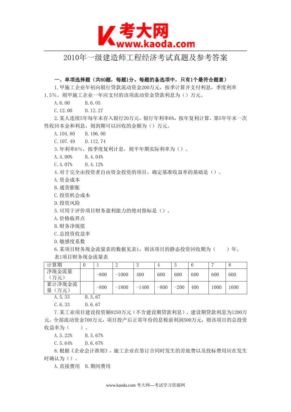 考大网_2010年一级建造师工程经济考试真题及参考答案kaoda.com.doc_第1页