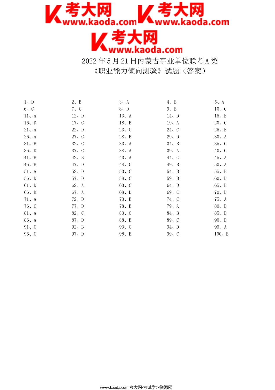 考大网_2022年5月21日内蒙古事业单位联考职业能力倾向测验A类真题答案解析kaoda.com.doc_第1页