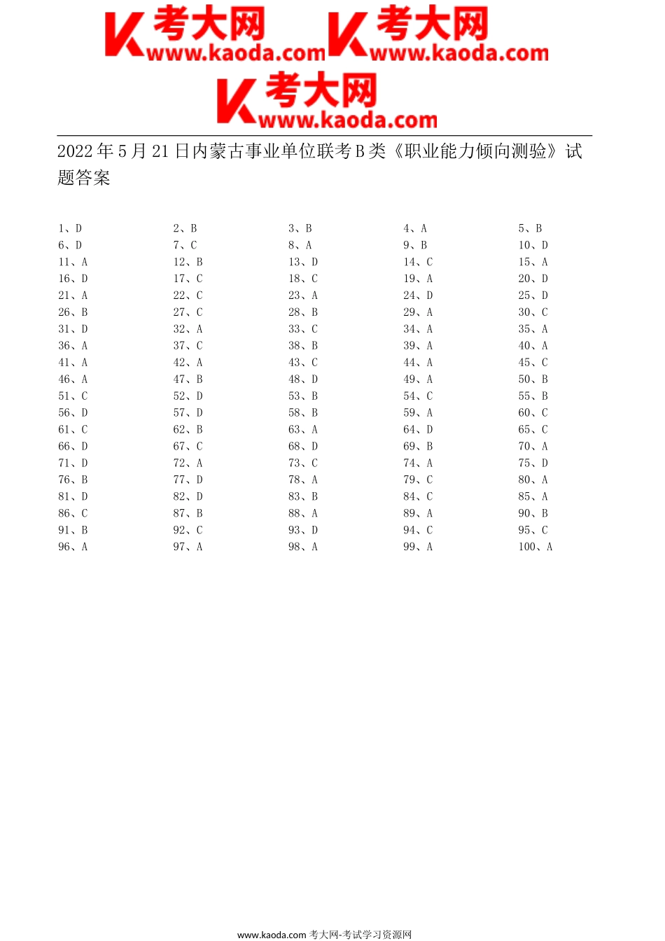 考大网_2022年5月21日内蒙古事业单位联考职业能力倾向测验B类真题答案及解析kaoda.com.doc_第1页